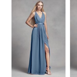 Steel Blue Long Chiffon Dress with Crisscross Back